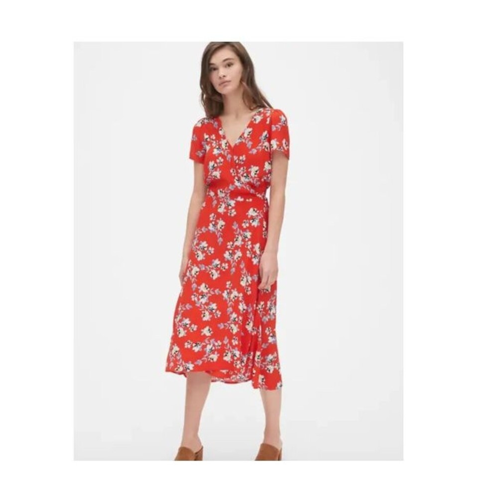 Gap Women’s S Red Floral Print Wrap Midi Dress Short Sleeve Sundress Colorful
